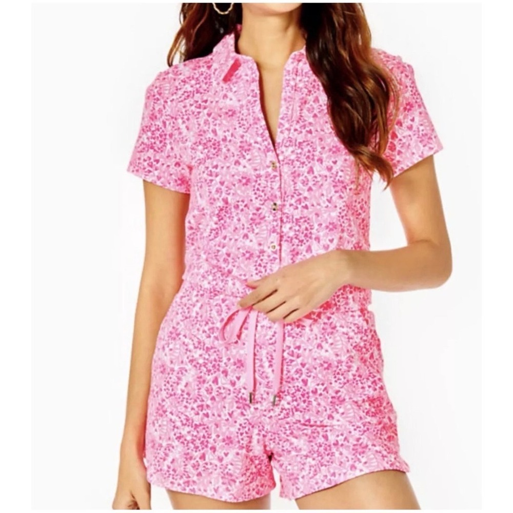 Lilly Pulitzer Jorgie Romper Women L Pink Shandy Floral Preppy Drawstring Pocket